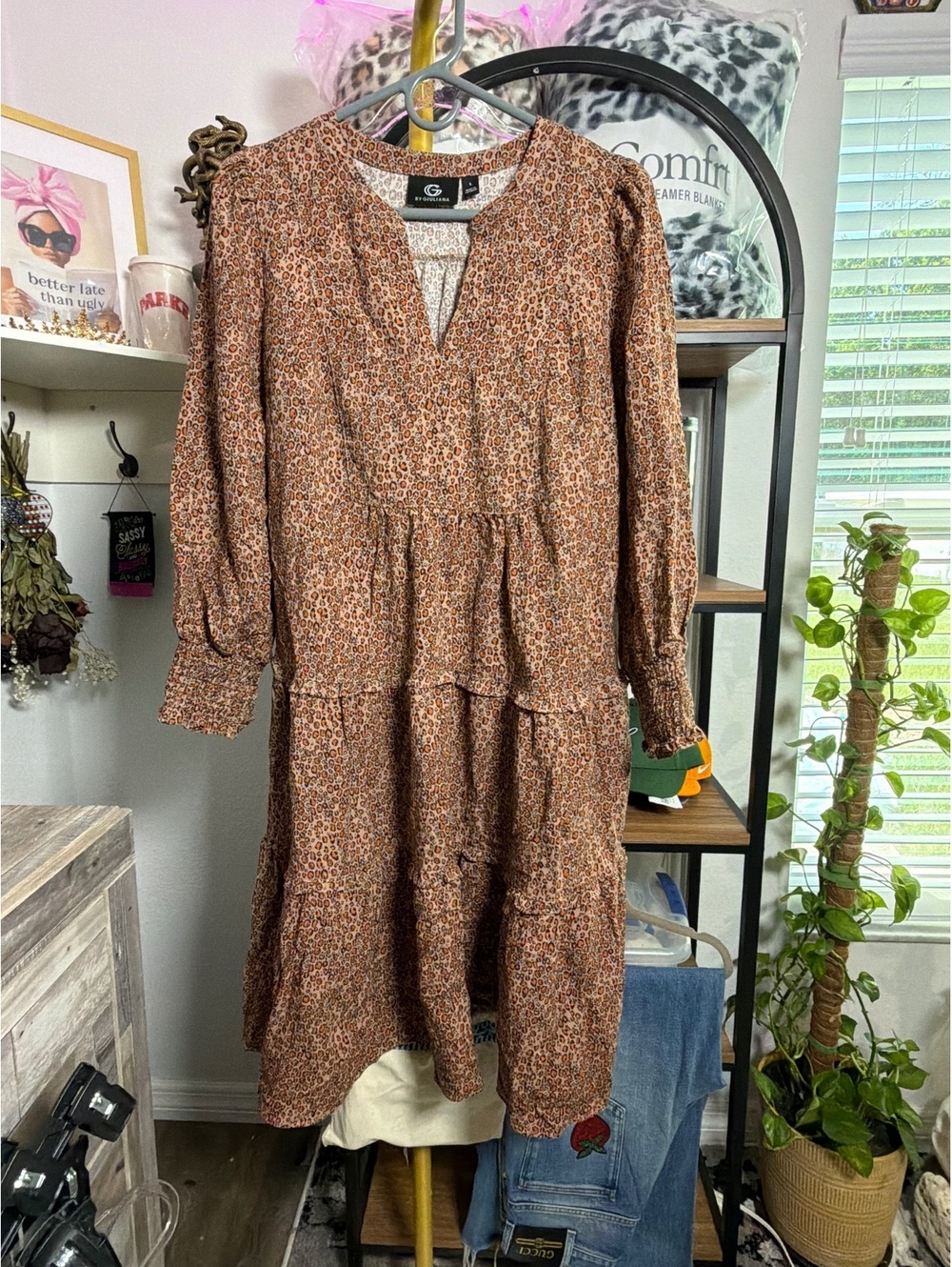 Giuliana Brown Leopard Print Long Sleeve Midi Dress Size Small